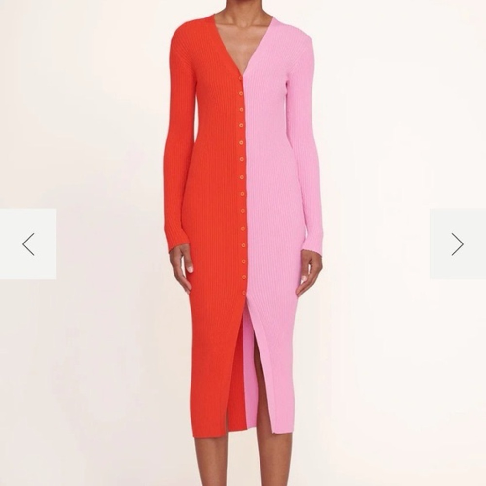 STAUD Red and Pink Long Sleeve Midi Dress